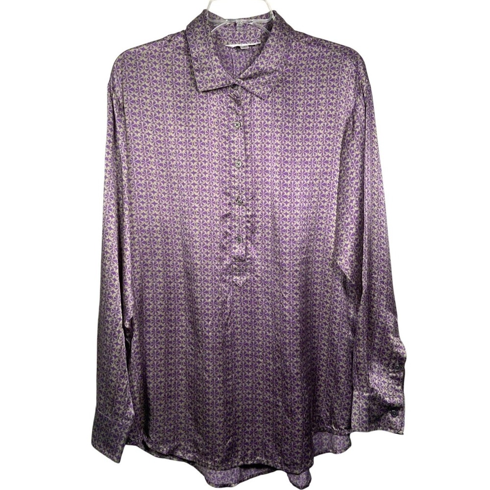 CAbi 100% Silk Blouse Purple Geometric Oversized Button Shirt Women L Top Collar